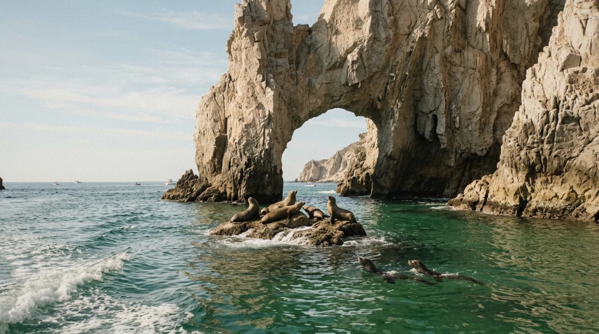 Sea lions resting on the rocks beside the Arch of Cabo San Lucas (El Arco) on a Land's End sightseeing boat, a stop on tours for snorkeling in Cabo San Lucas
