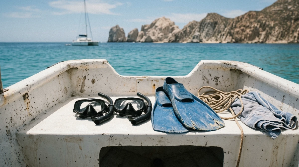 Snorkel masks and fins being handed out on deck before a snorkeling in Cabo San Lucas cost tour departs the marina
