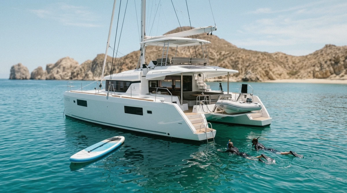 A catamaran anchored in a turquoise bay, showing the premium end of snorkeling in Cabo San Lucas cost tiers