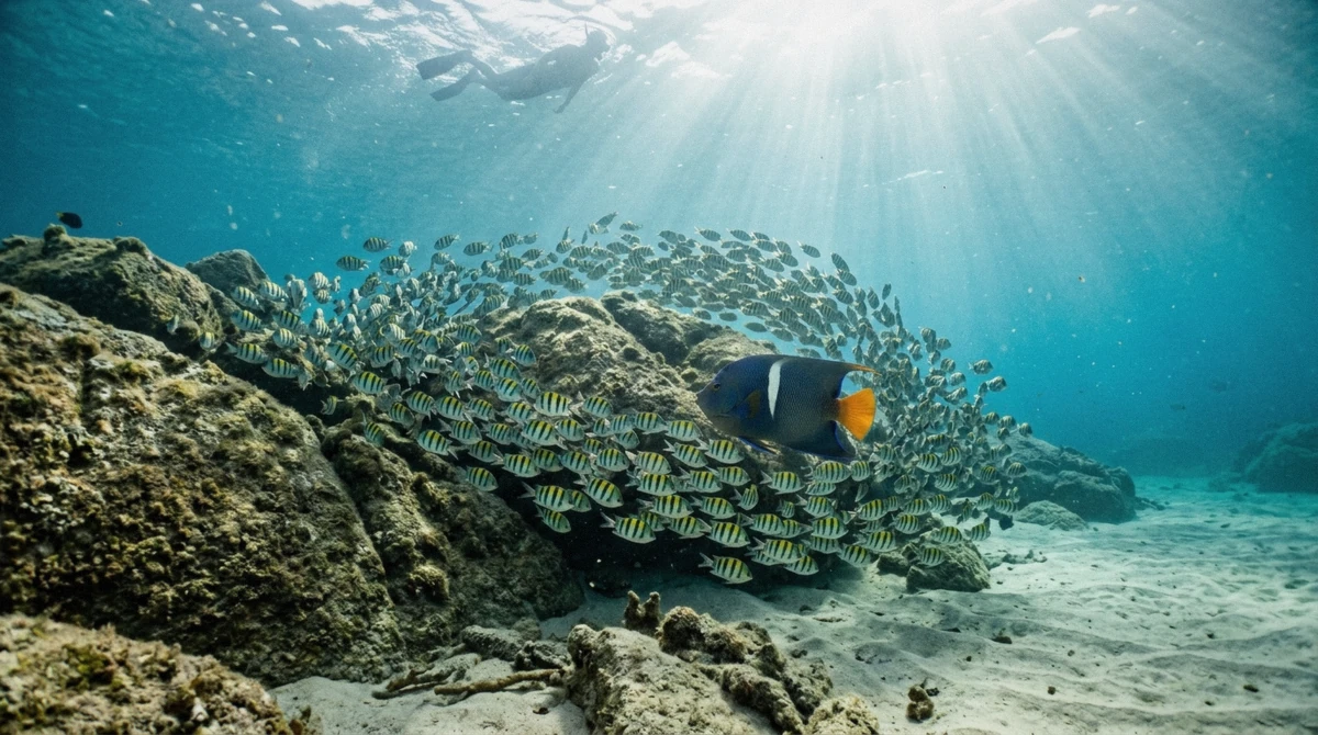 A shoal of reef fish over the boulders at Pelican Rock, the marine life you can see snorkeling in Cabo San Lucas