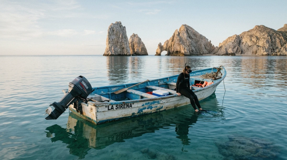 A panga heading out at dawn on glassy water, the kind of calm morning departure that keeps snorkeling in Cabo San Lucas safe