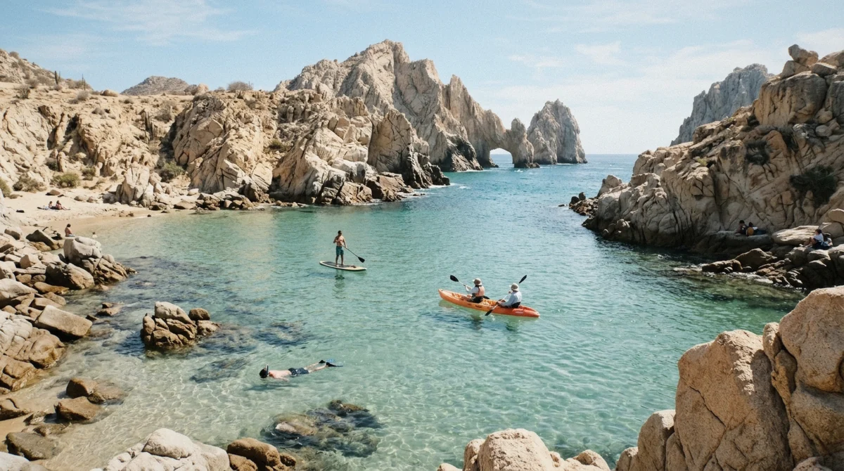 Kayaks and a stand-up paddleboard beside a snorkeler in a calm Cabo San Lucas cove on a snorkeling in Cabo San Lucas multisport tour