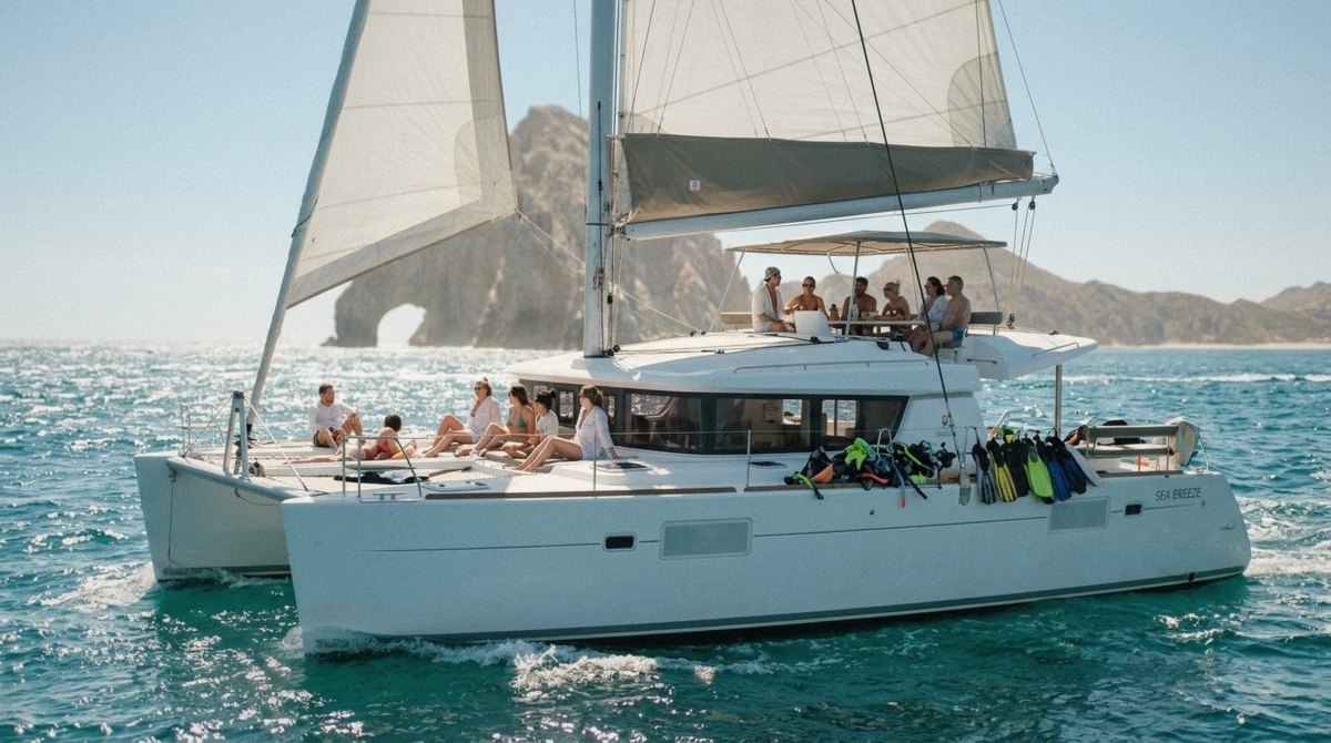 Guests relaxing on the deck of a lively party catamaran with the Arch in the background on a snorkeling in Cabo San Lucas open-bar cruise