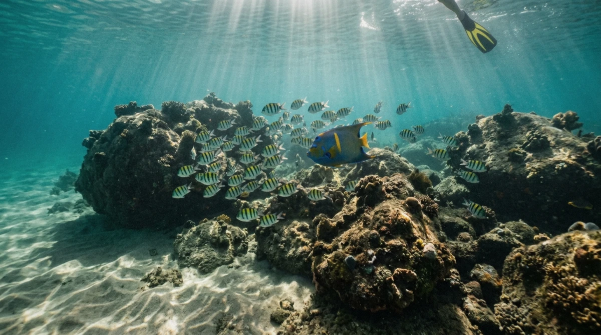 Sergeant majors and a king angelfish swimming over the reef at Pelican Rock on a snorkeling in Cabo San Lucas boat tour