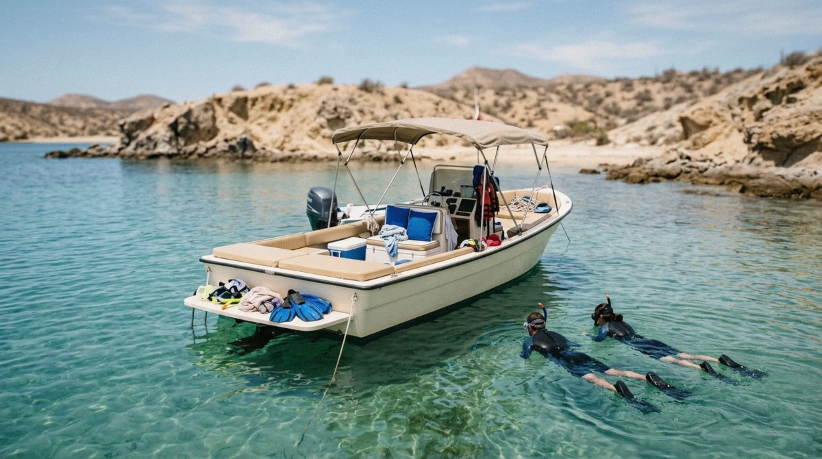 A small private boat with snorkelers preparing to enter a calm cove on a private snorkeling in Cabo San Lucas tour