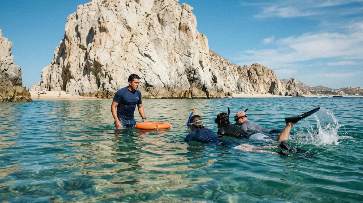 A calm, current-sheltered bay where crews run safe snorkeling in Cabo San Lucas with life jackets and a guide close by