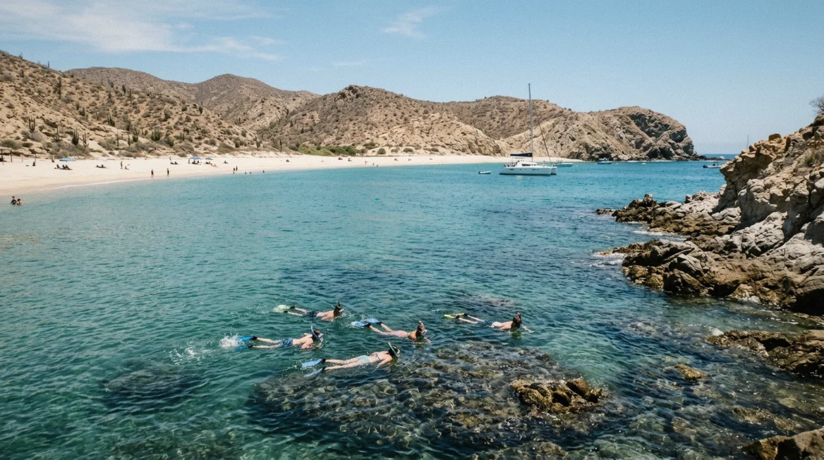 The sheltered horseshoe cove at Santa Maria Bay, one of the calmest and safest spots for snorkeling in Cabo San Lucas