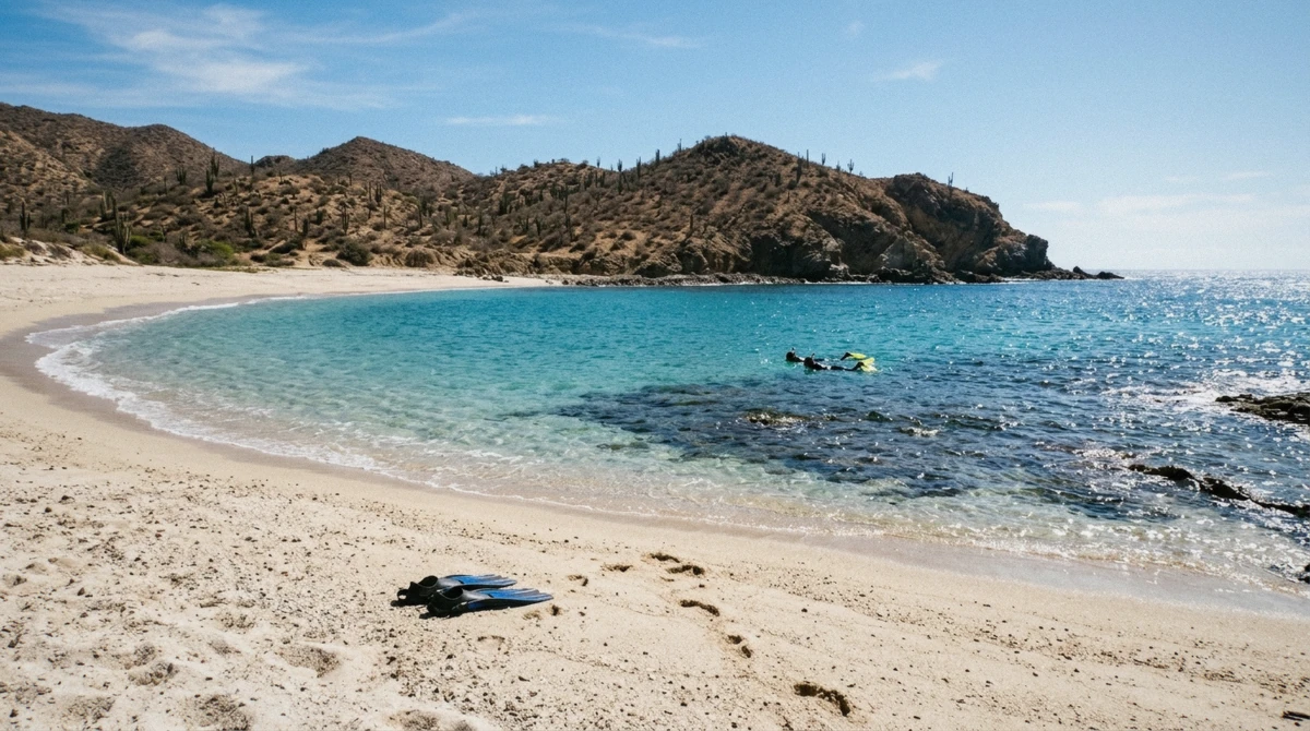 Snorkelers wading into the clear water at Chileno Bay, one of the best snorkeling spots in Cabo San Lucas