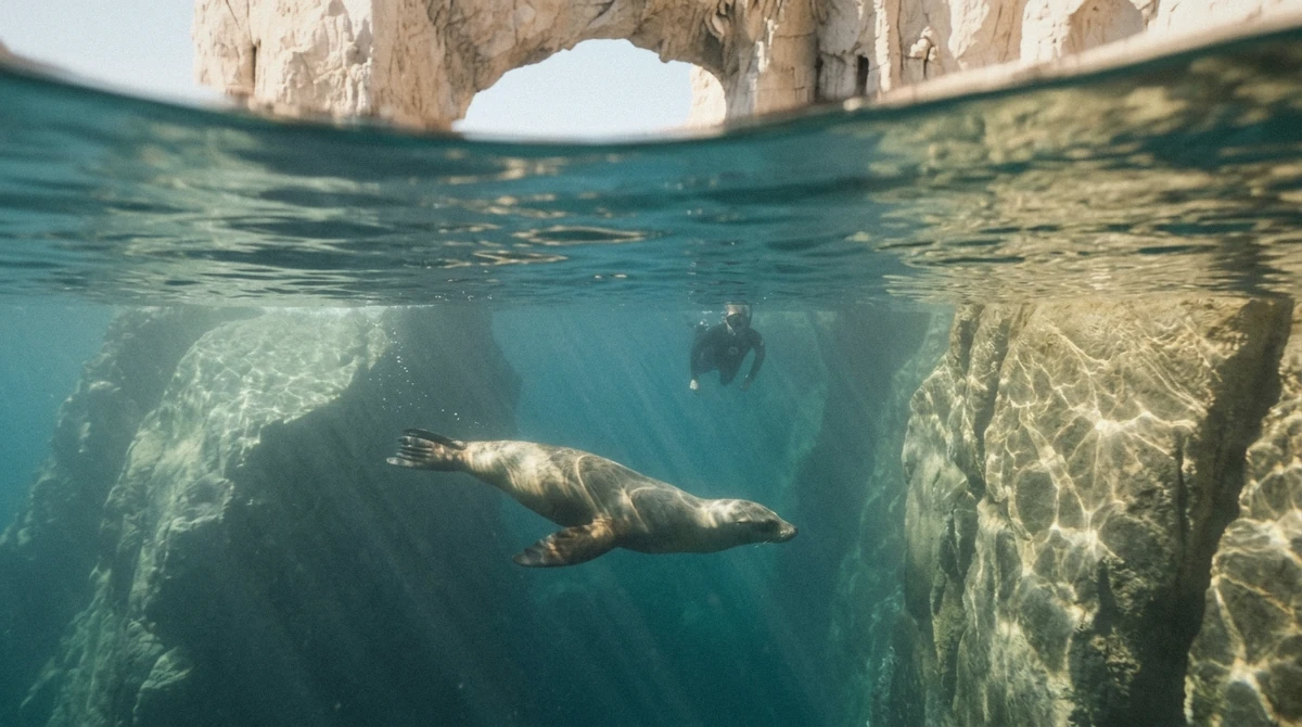 A California sea lion swimming past snorkelers near the Arch while snorkeling in Cabo San Lucas at Land's End