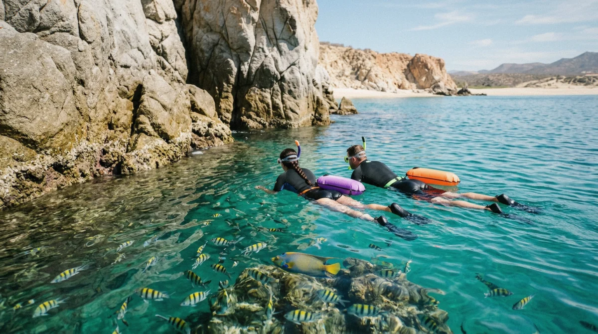 Snorkelers in clear water beside Pelican Rock while snorkeling in Cabo San Lucas near Lover's Beach
